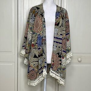 Jodifl Women’s Geometric Pattern Print Embroidered Lace Open Front Kimono Sz S